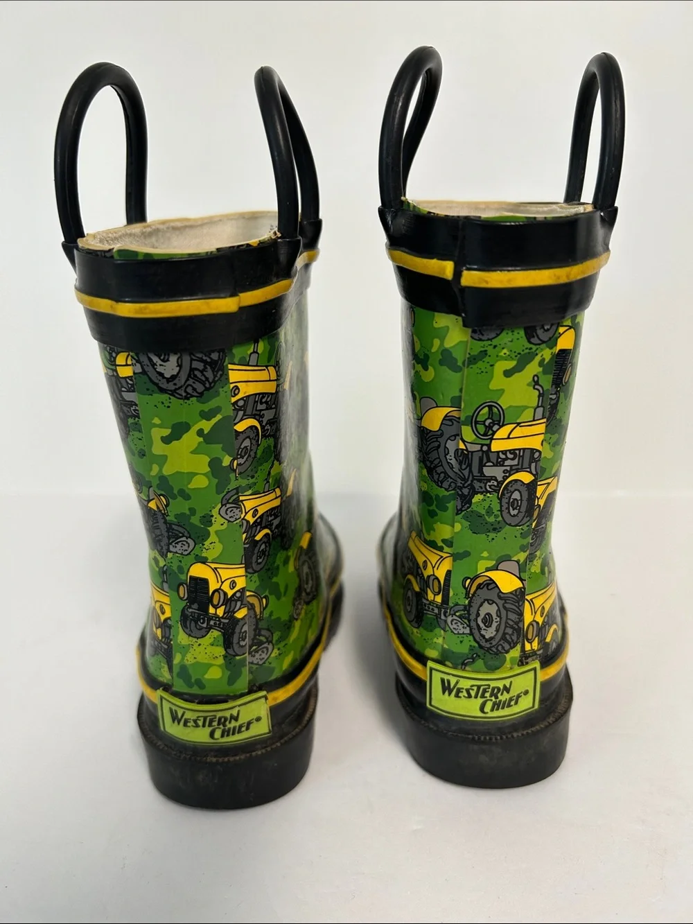 Western Chief Yellow Tractor Graphics Toddler Unisex Size 5/6 Pull-On Rain Boots